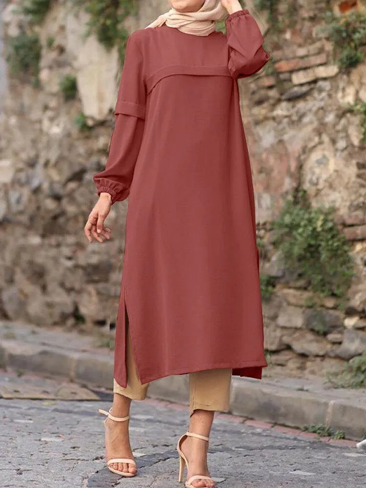 deanwangkt Women Solid Color Puff Sleeves Side Silt Elastic Cuffs O-Neck Casual Midi Dress