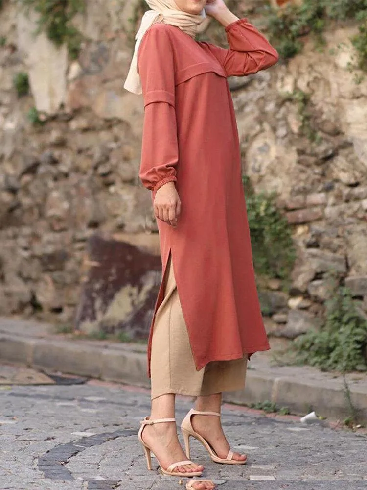 deanwangkt Women Solid Color Puff Sleeves Side Silt Elastic Cuffs O-Neck Casual Midi Dress
