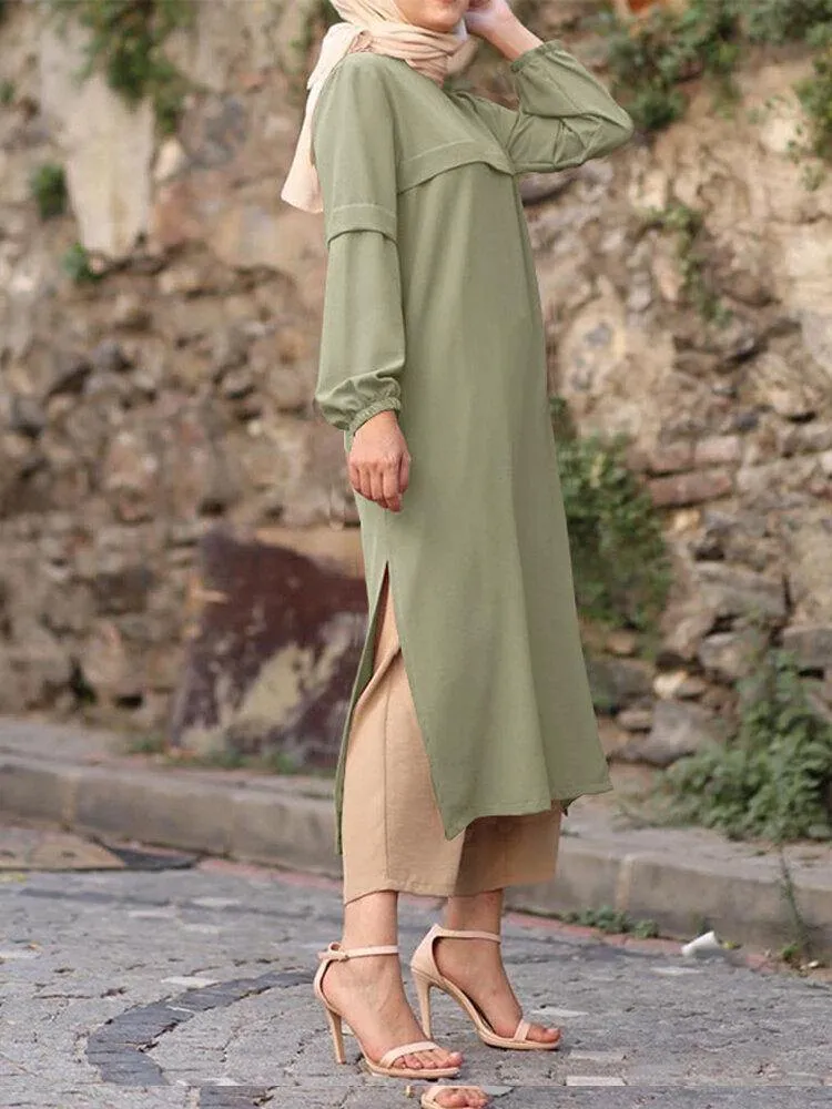 deanwangkt Women Solid Color Puff Sleeves Side Silt Elastic Cuffs O-Neck Casual Midi Dress