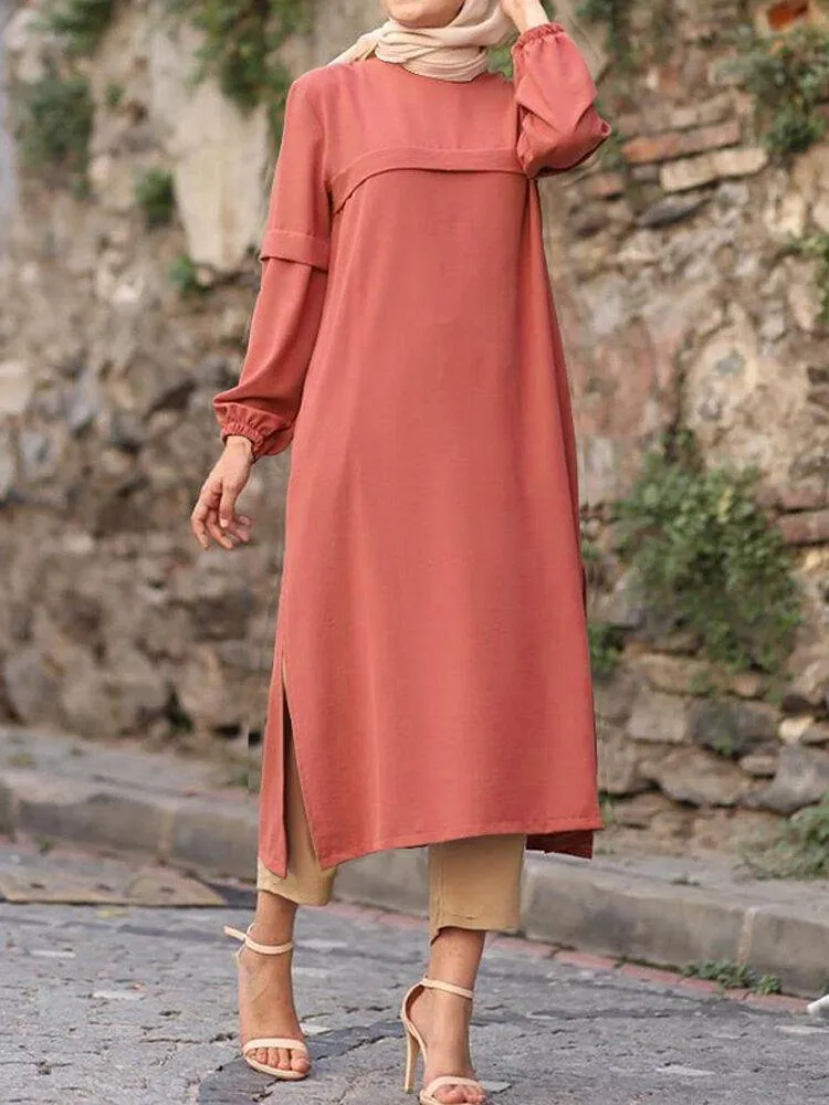 deanwangkt Women Solid Color Puff Sleeves Side Silt Elastic Cuffs O-Neck Casual Midi Dress