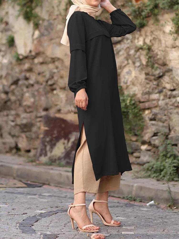 deanwangkt Women Solid Color Puff Sleeves Side Silt Elastic Cuffs O-Neck Casual Midi Dress