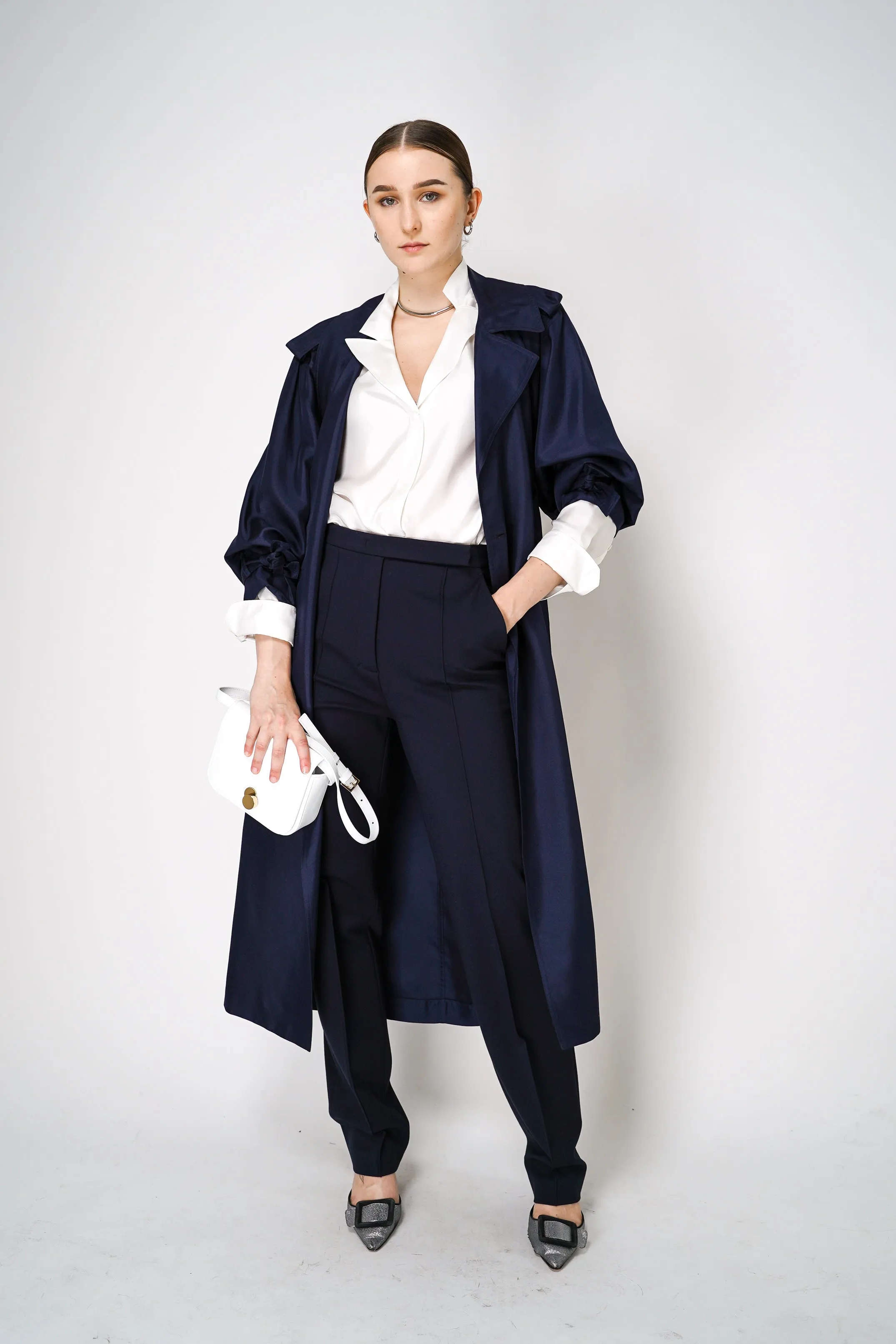 Dorothee Schumacher Double-Breasted Trench Coat Dress in Navy