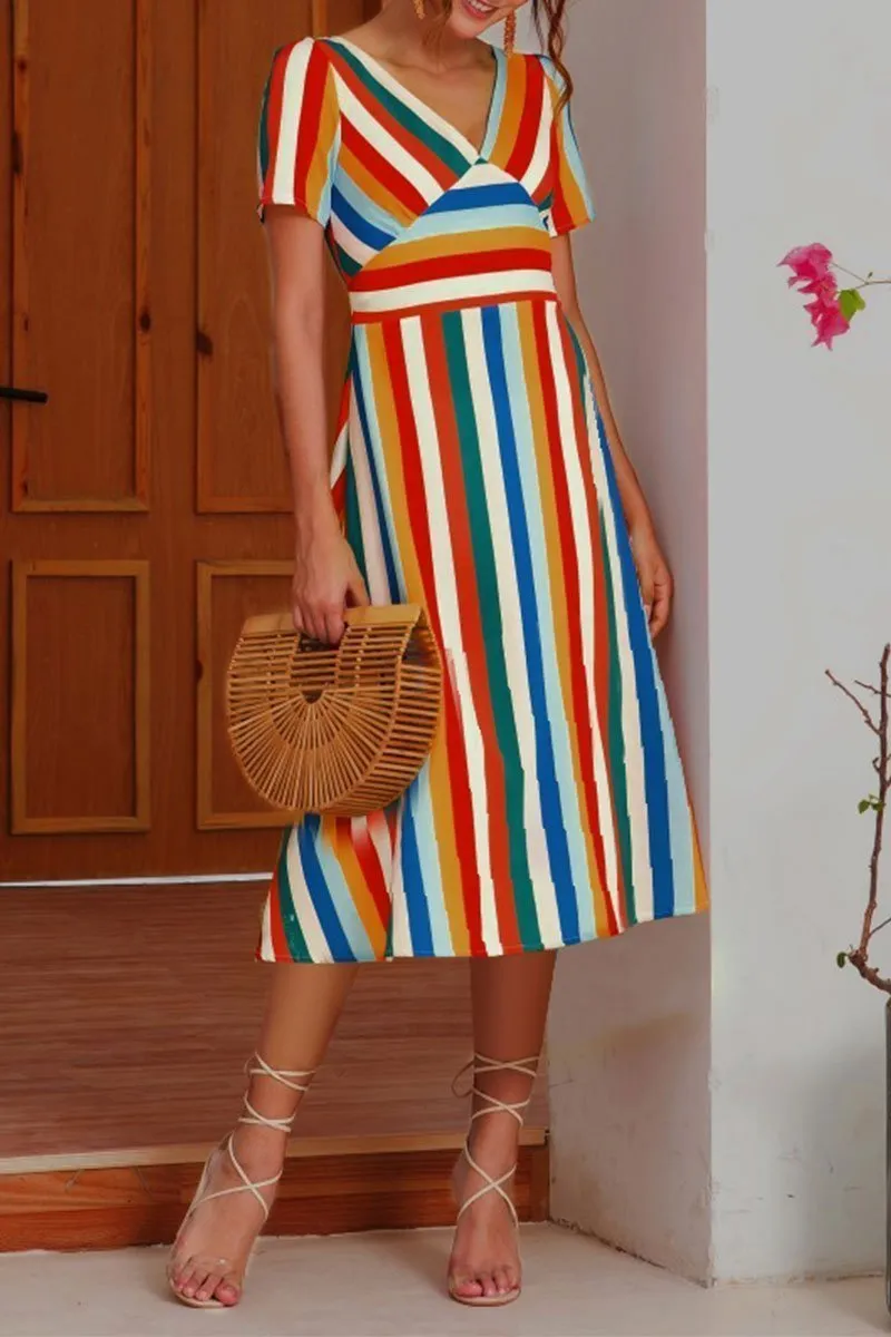 Dunnmall V Neck Striped Women Love Midi Dress