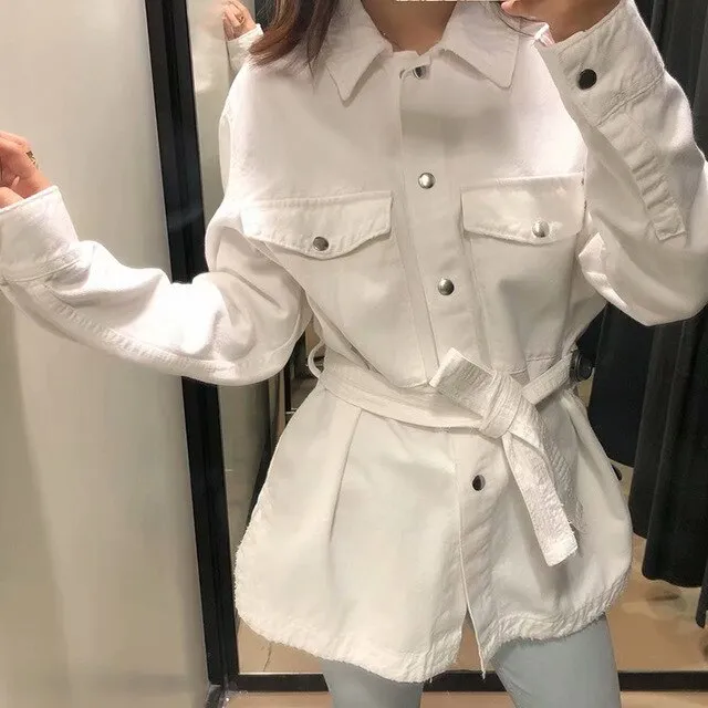 FRAYED TRIM DENIM JACKET WITH BELT