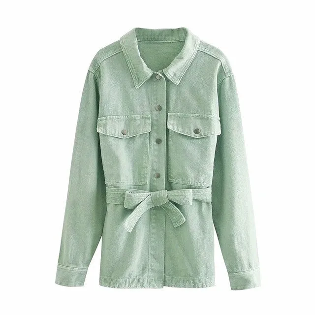 FRAYED TRIM DENIM JACKET WITH BELT
