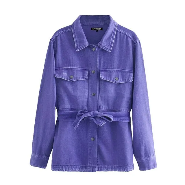 FRAYED TRIM DENIM JACKET WITH BELT