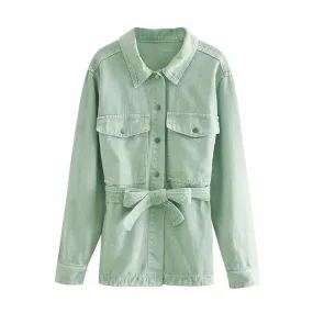 FRAYED TRIM DENIM JACKET WITH BELT