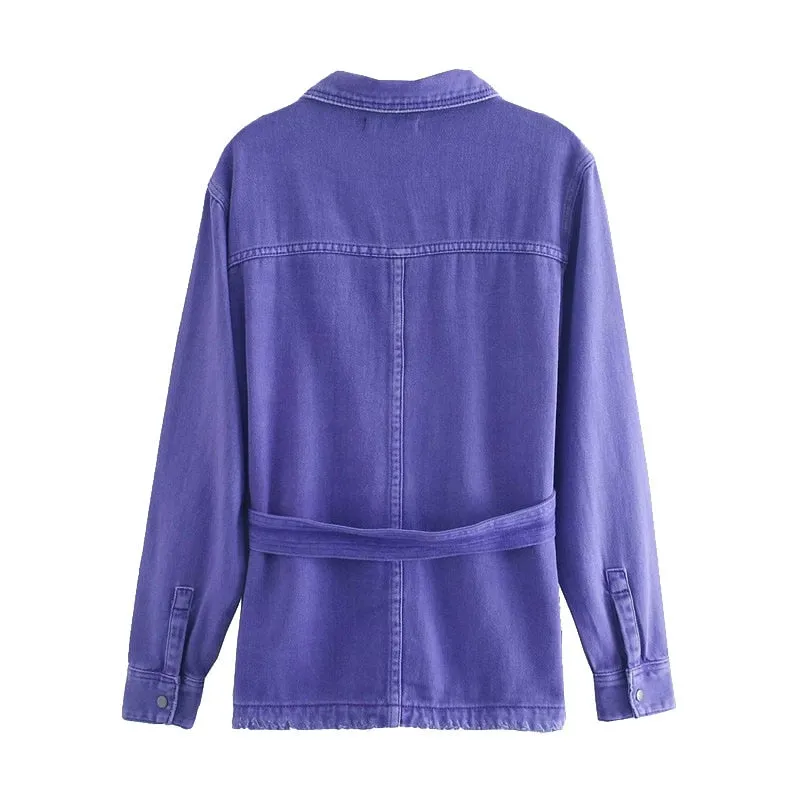 FRAYED TRIM DENIM JACKET WITH BELT