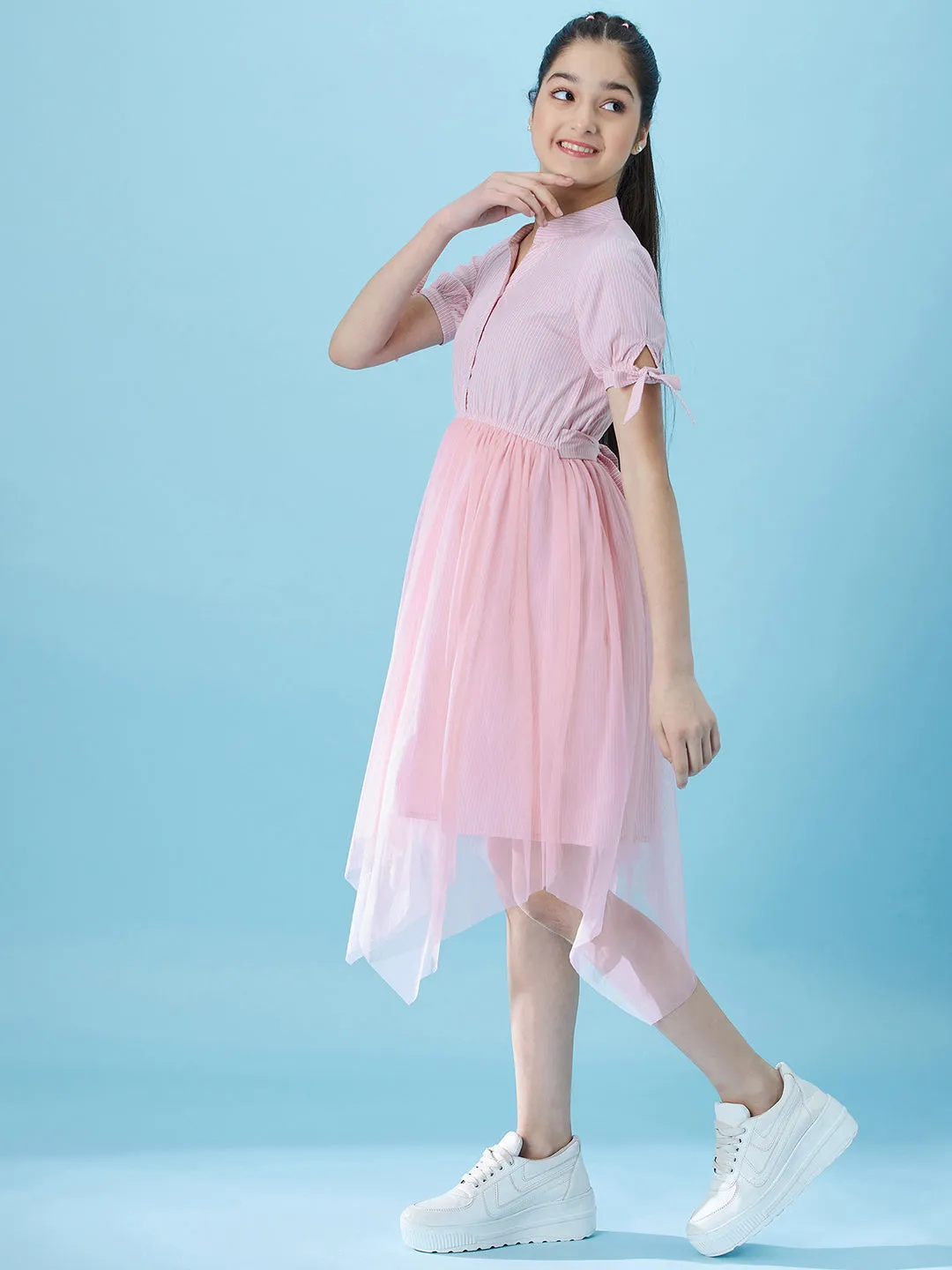 Girls Mandarin Collar Net Midi Dress - Ps Peaches