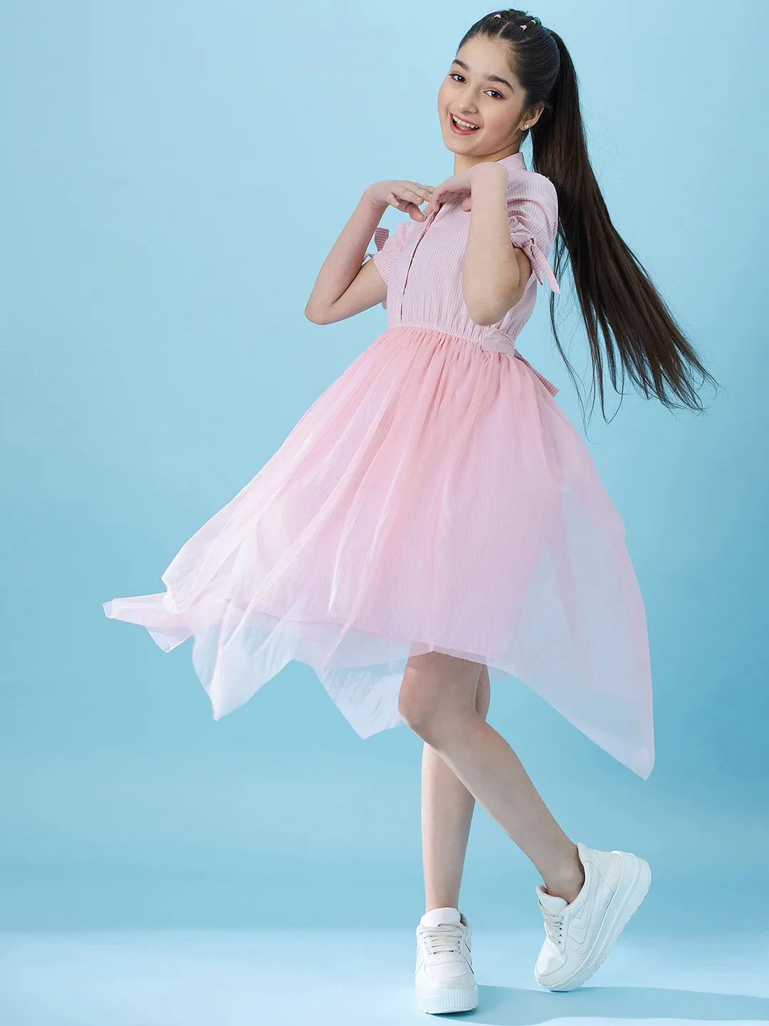 Girls Mandarin Collar Net Midi Dress - Ps Peaches