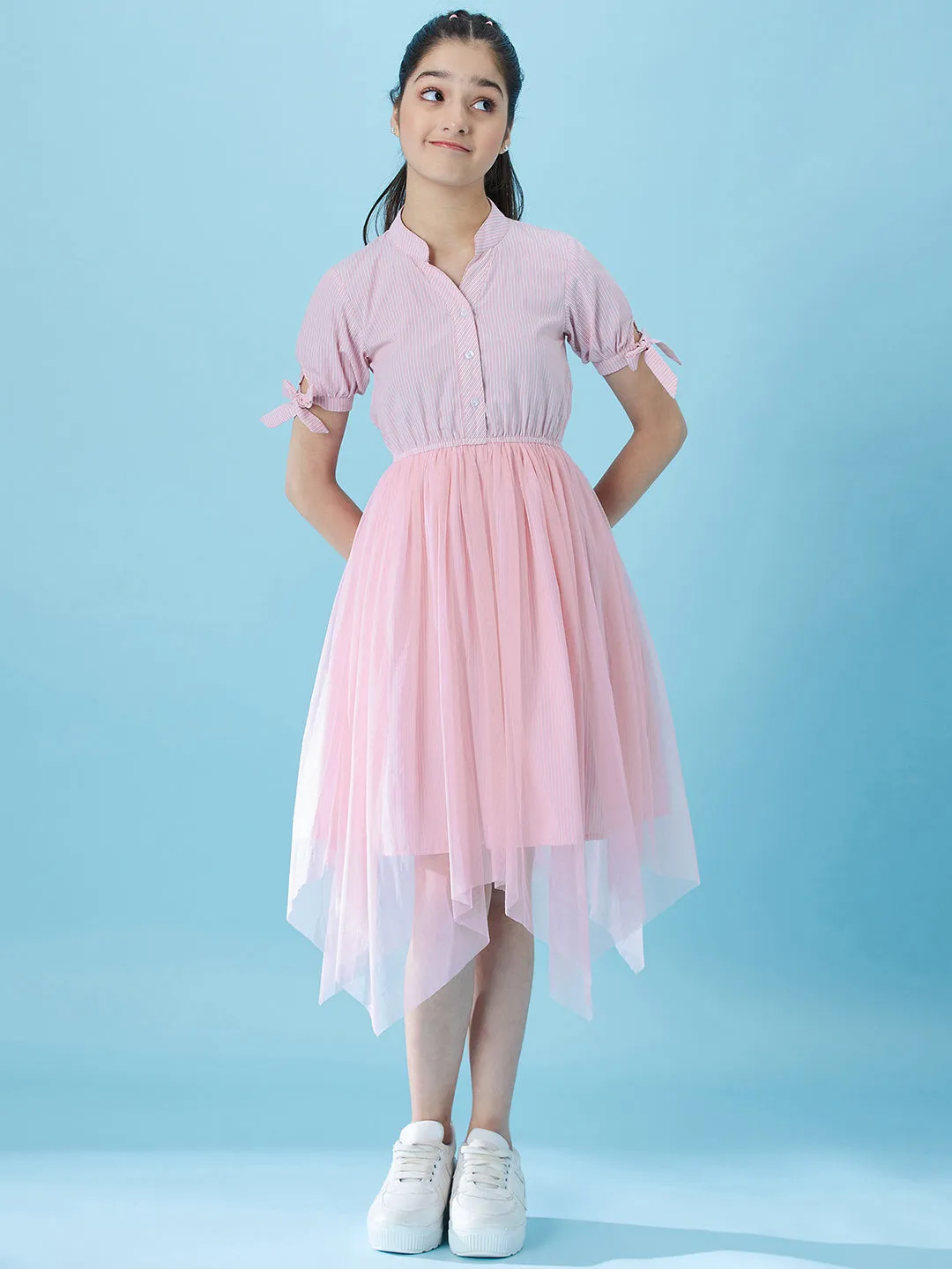 Girls Mandarin Collar Net Midi Dress - Ps Peaches