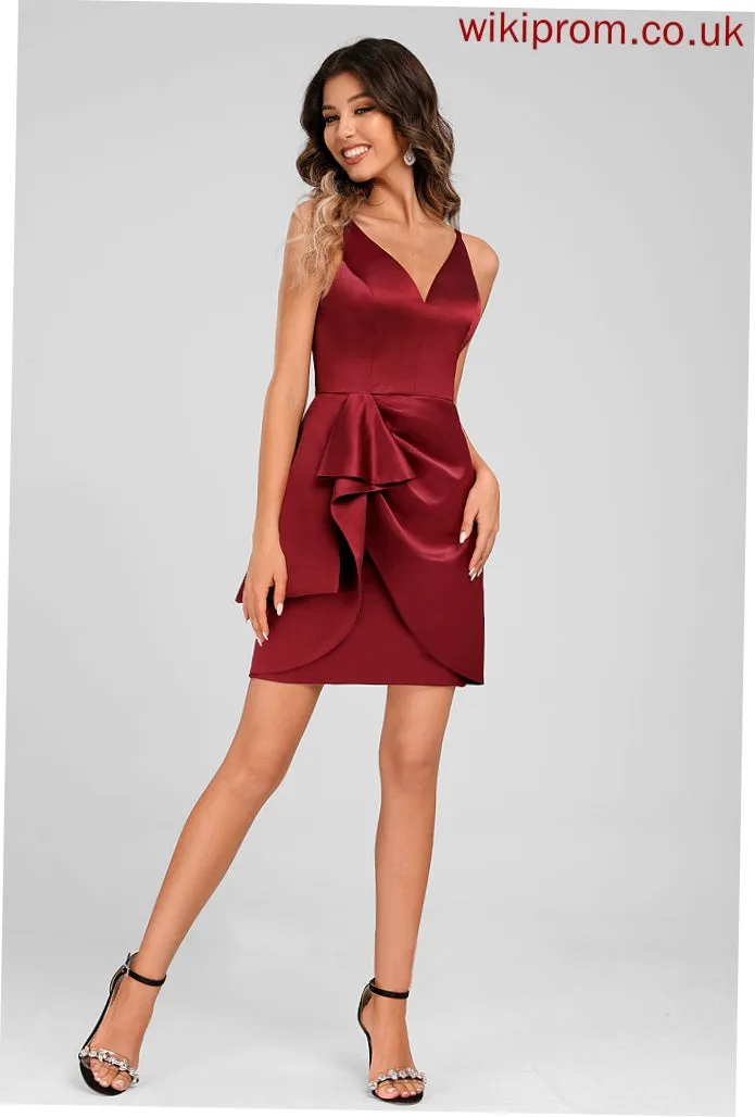 Homecoming Dresses V-neck Sheath/Column Cascading Short/Mini Judith Ruffles Satin Homecoming With Dress