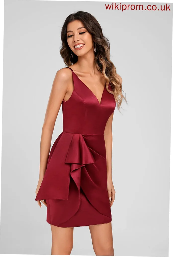 Homecoming Dresses V-neck Sheath/Column Cascading Short/Mini Judith Ruffles Satin Homecoming With Dress
