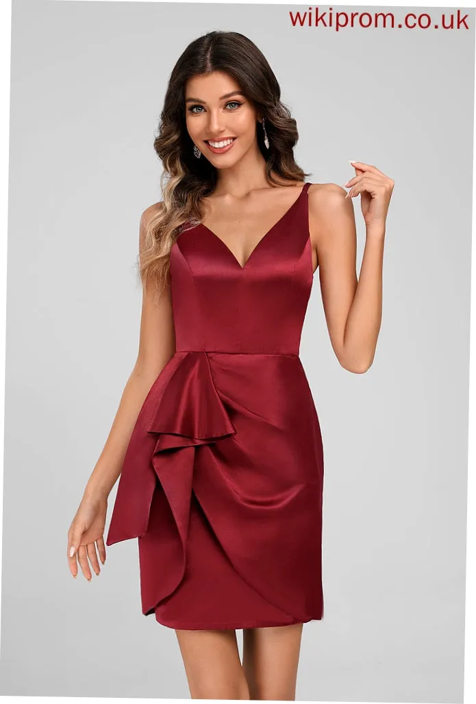 Homecoming Dresses V-neck Sheath/Column Cascading Short/Mini Judith Ruffles Satin Homecoming With Dress