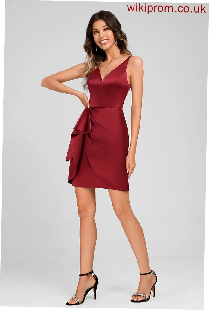Homecoming Dresses V-neck Sheath/Column Cascading Short/Mini Judith Ruffles Satin Homecoming With Dress