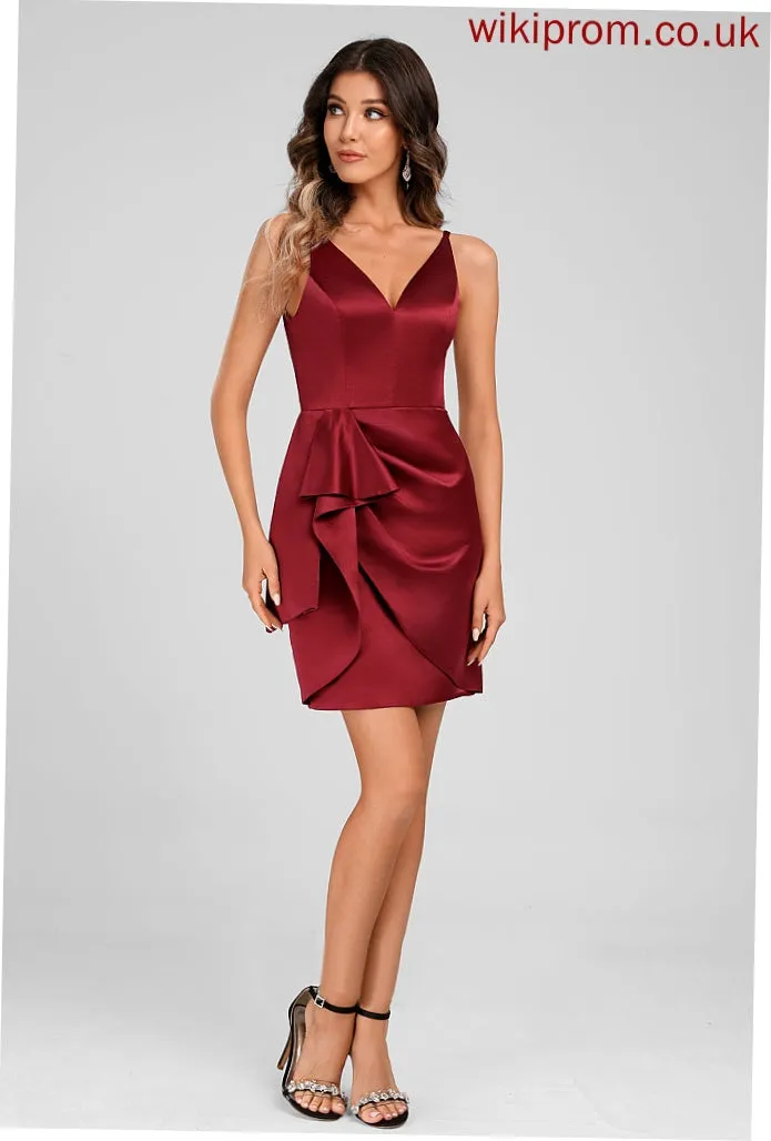 Homecoming Dresses V-neck Sheath/Column Cascading Short/Mini Judith Ruffles Satin Homecoming With Dress