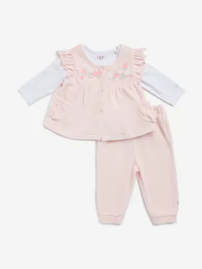 HOP Baby Pink Floral Embroidered Cotton-Blend Dress, T-Shirt and Mid-Rise Pants Set
