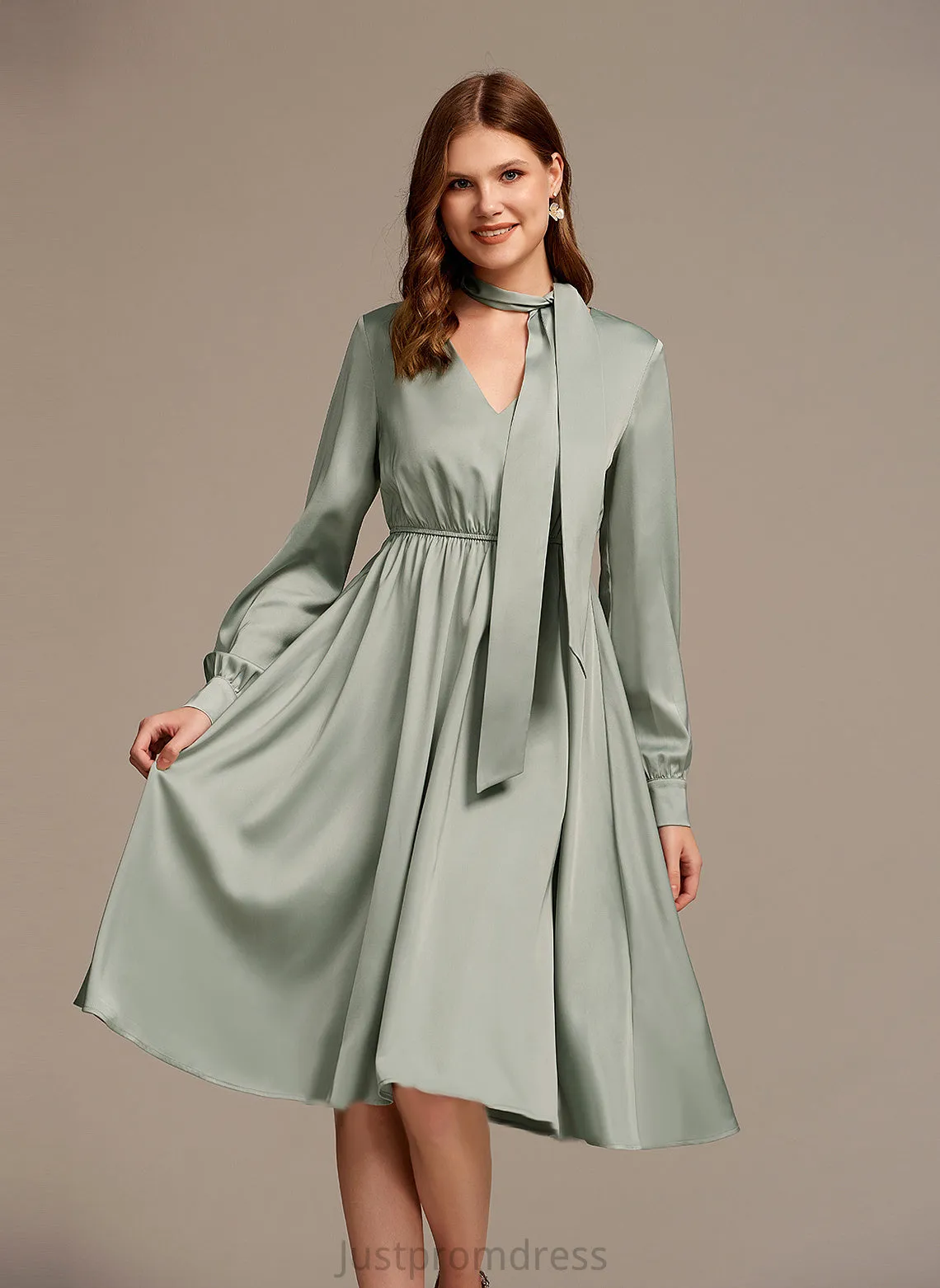 Jessica Club Dresses Long Bow(s) Dresses Midi A-line V-Neck Satin Elegant Sleeves