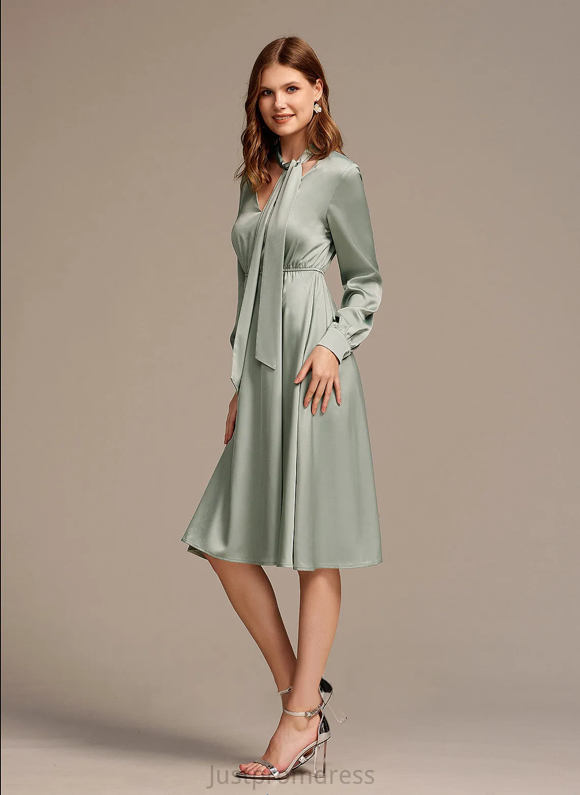 Jessica Club Dresses Long Bow(s) Dresses Midi A-line V-Neck Satin Elegant Sleeves