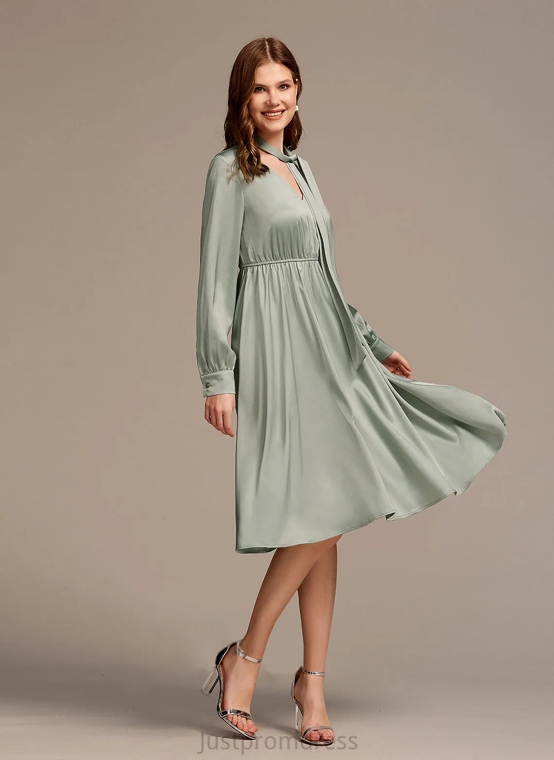 Jessica Club Dresses Long Bow(s) Dresses Midi A-line V-Neck Satin Elegant Sleeves