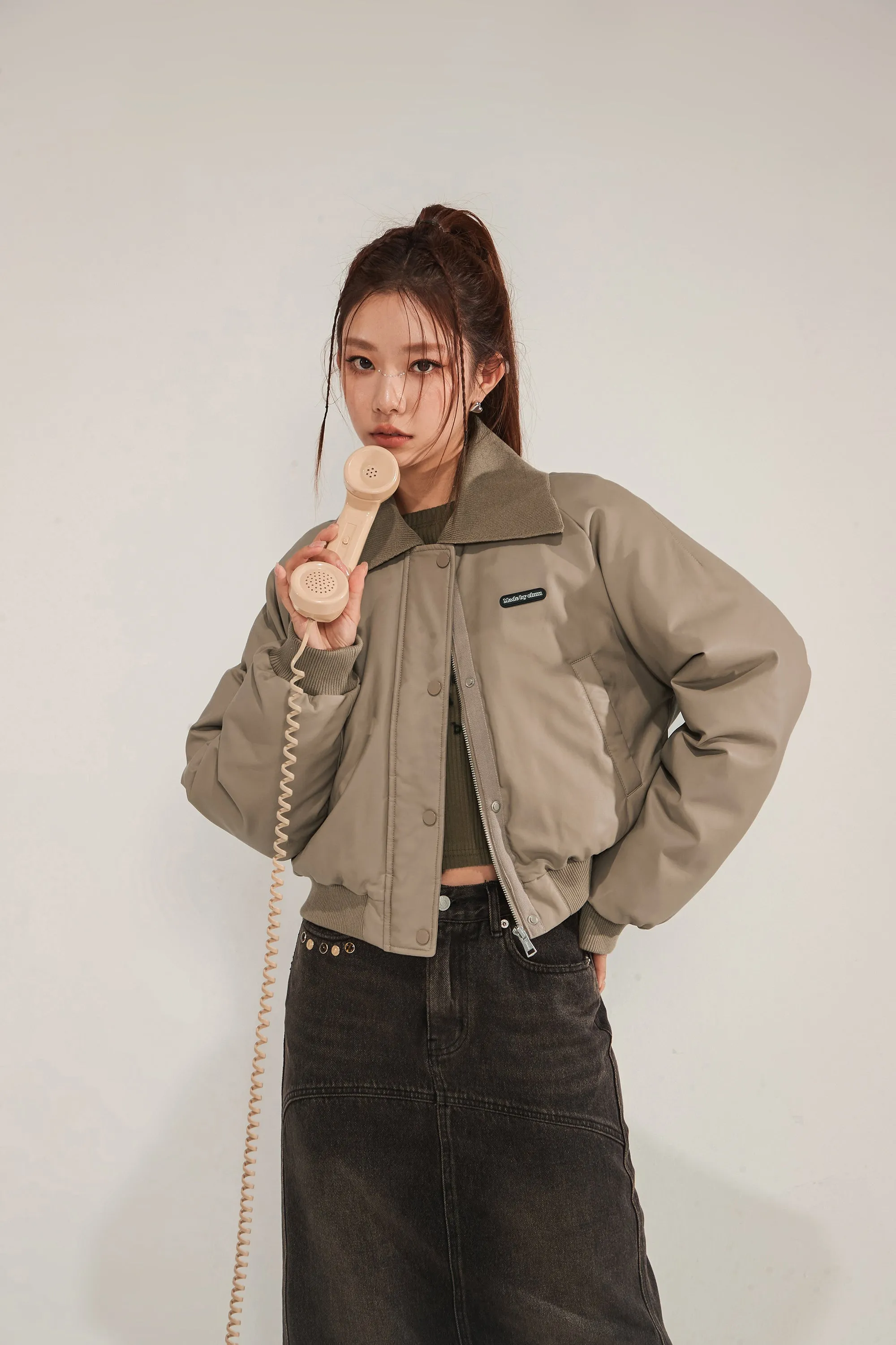 Logo Collar Leather Padded Jacket