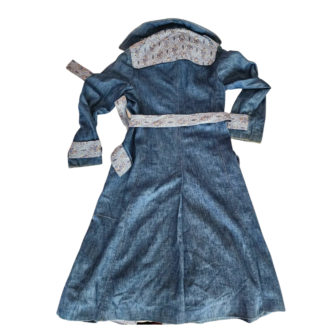Long Denim Upcycled Trench with Adorned Waist Belt