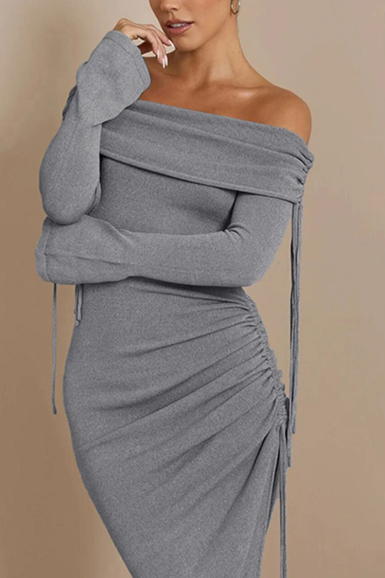 Off Shoulder Drawstring Irregular Hem Dress