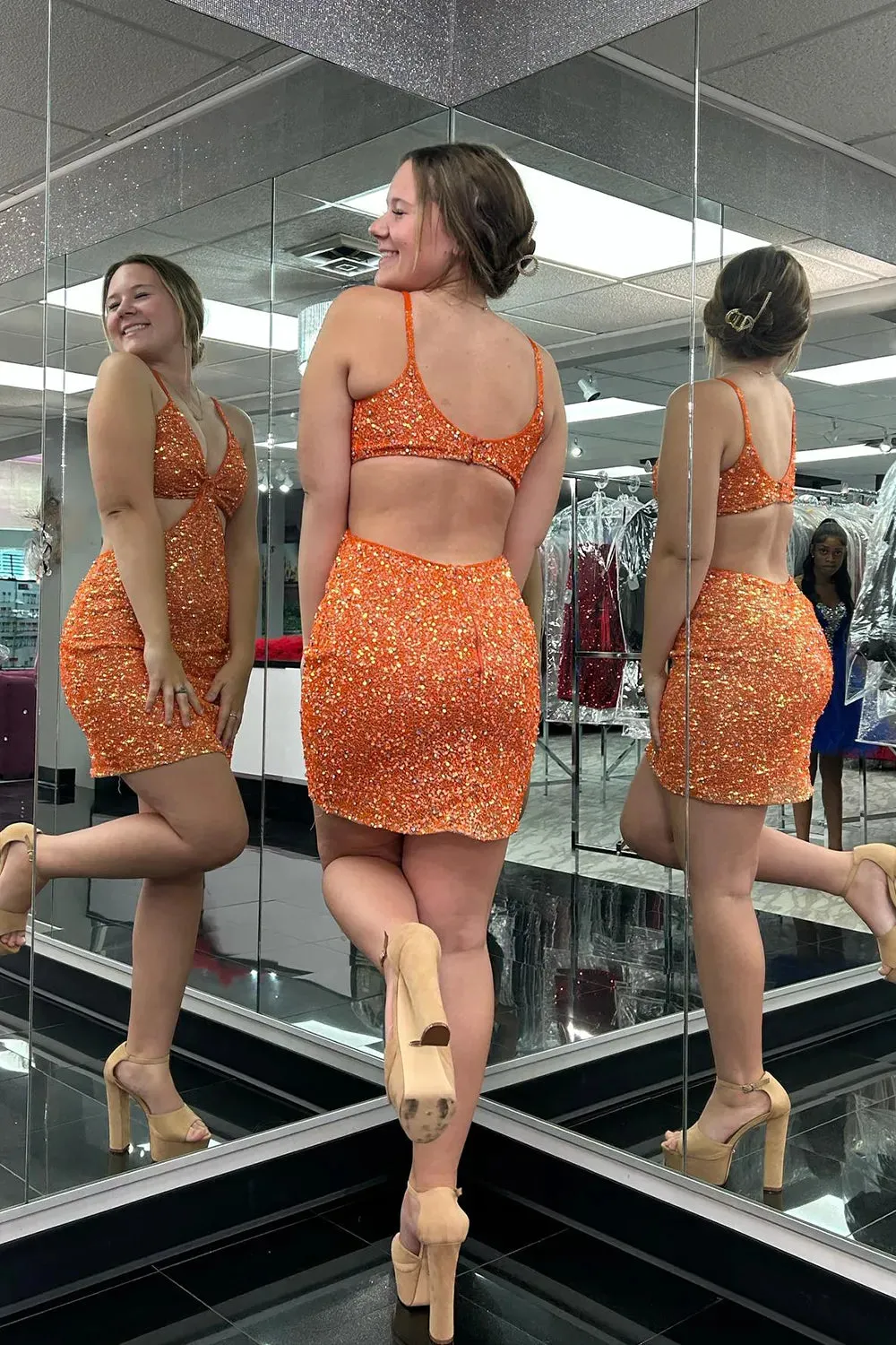 Orange Sequins V Neck Tight Short Homecoming Dresses