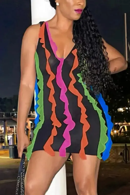 Rainbow Ruffle Decor Backless Mini Dress