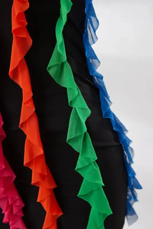 Rainbow Ruffle Decor Backless Mini Dress