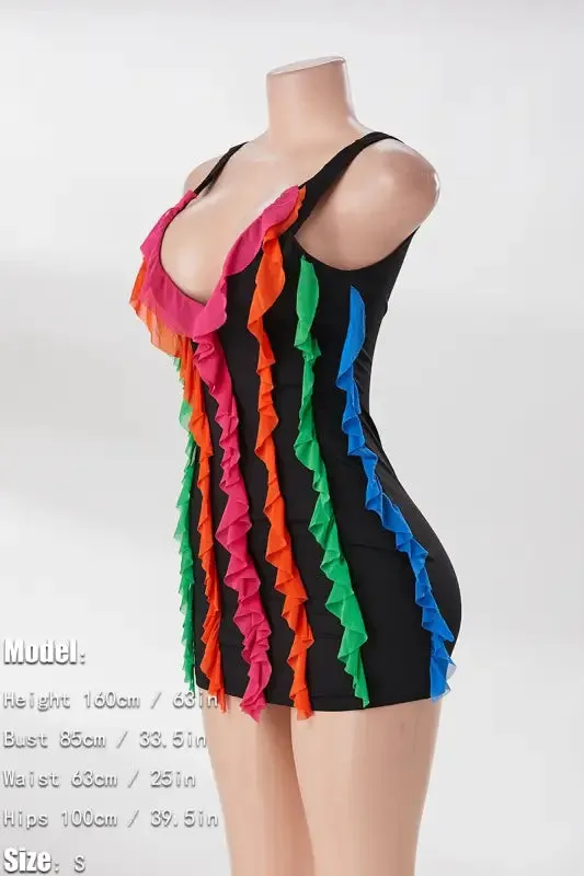Rainbow Ruffle Decor Backless Mini Dress