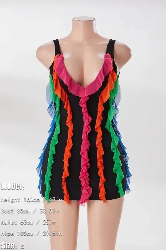 Rainbow Ruffle Decor Backless Mini Dress