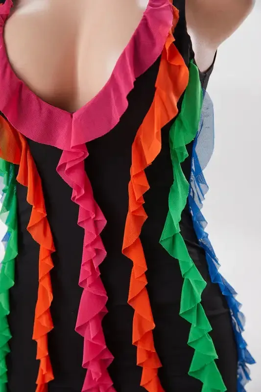 Rainbow Ruffle Decor Backless Mini Dress