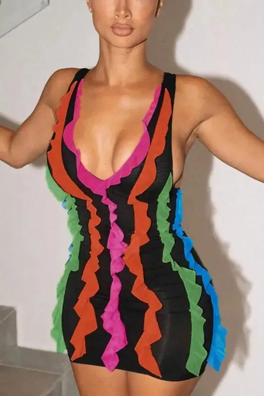 Rainbow Ruffle Decor Backless Mini Dress