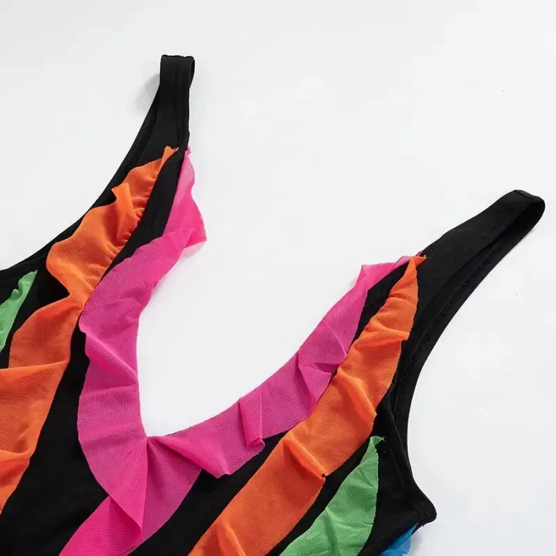 Rainbow Ruffle Decor Backless Mini Dress