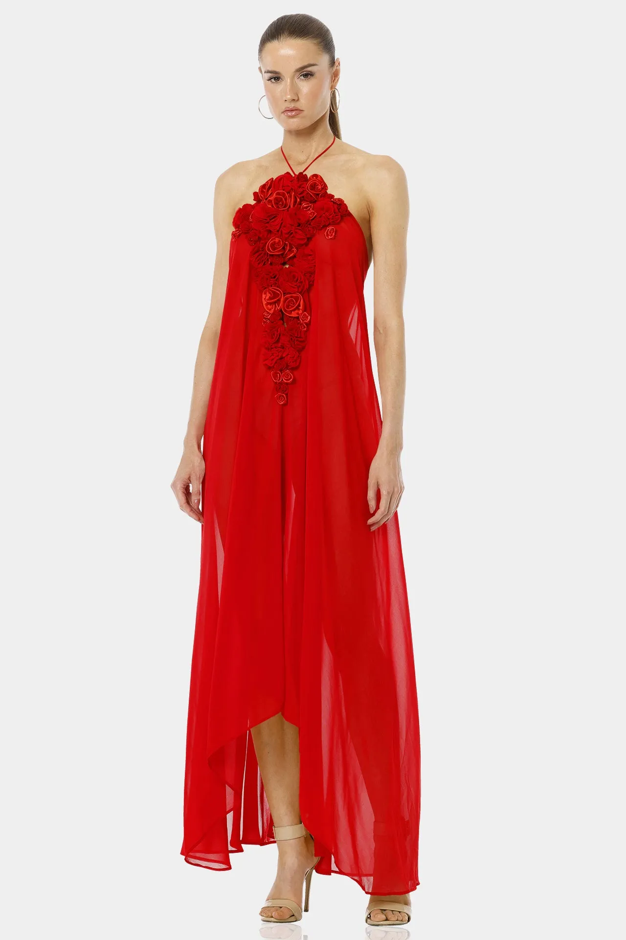 Red 3D Flower Maxi Party Dresses