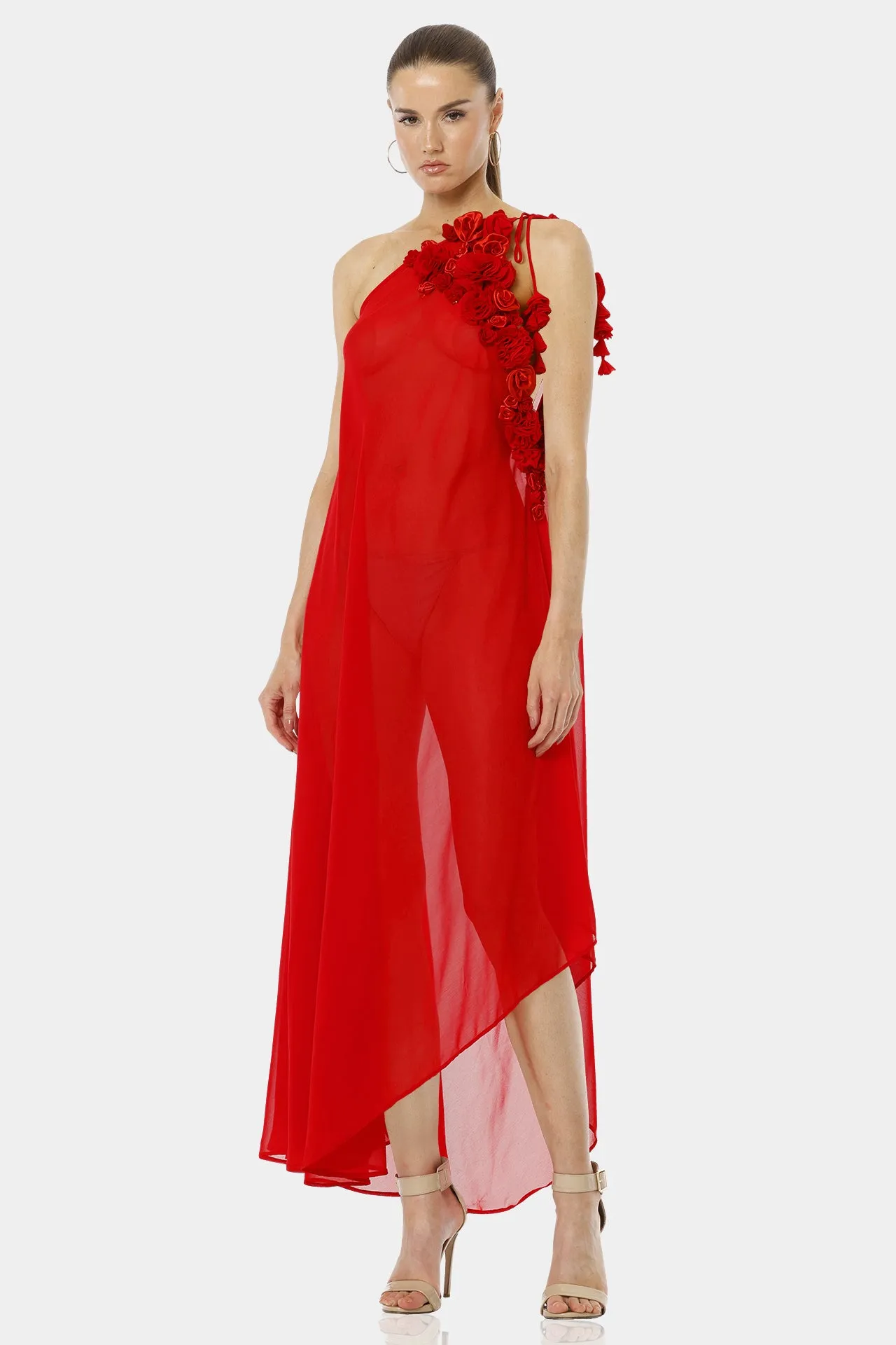 Red 3D Flower Maxi Party Dresses