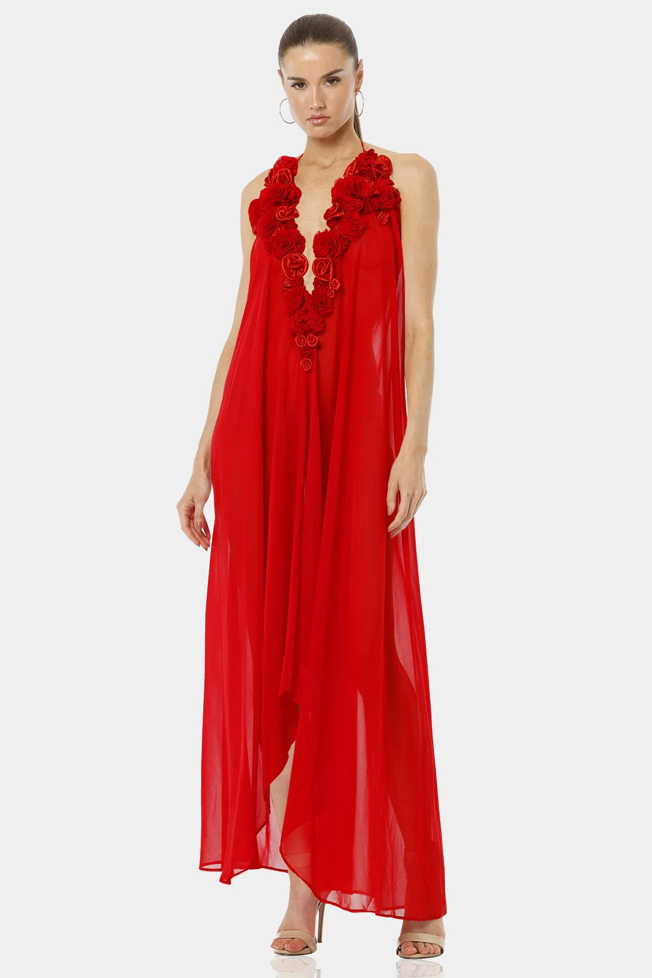 Red 3D Flower Maxi Party Dresses