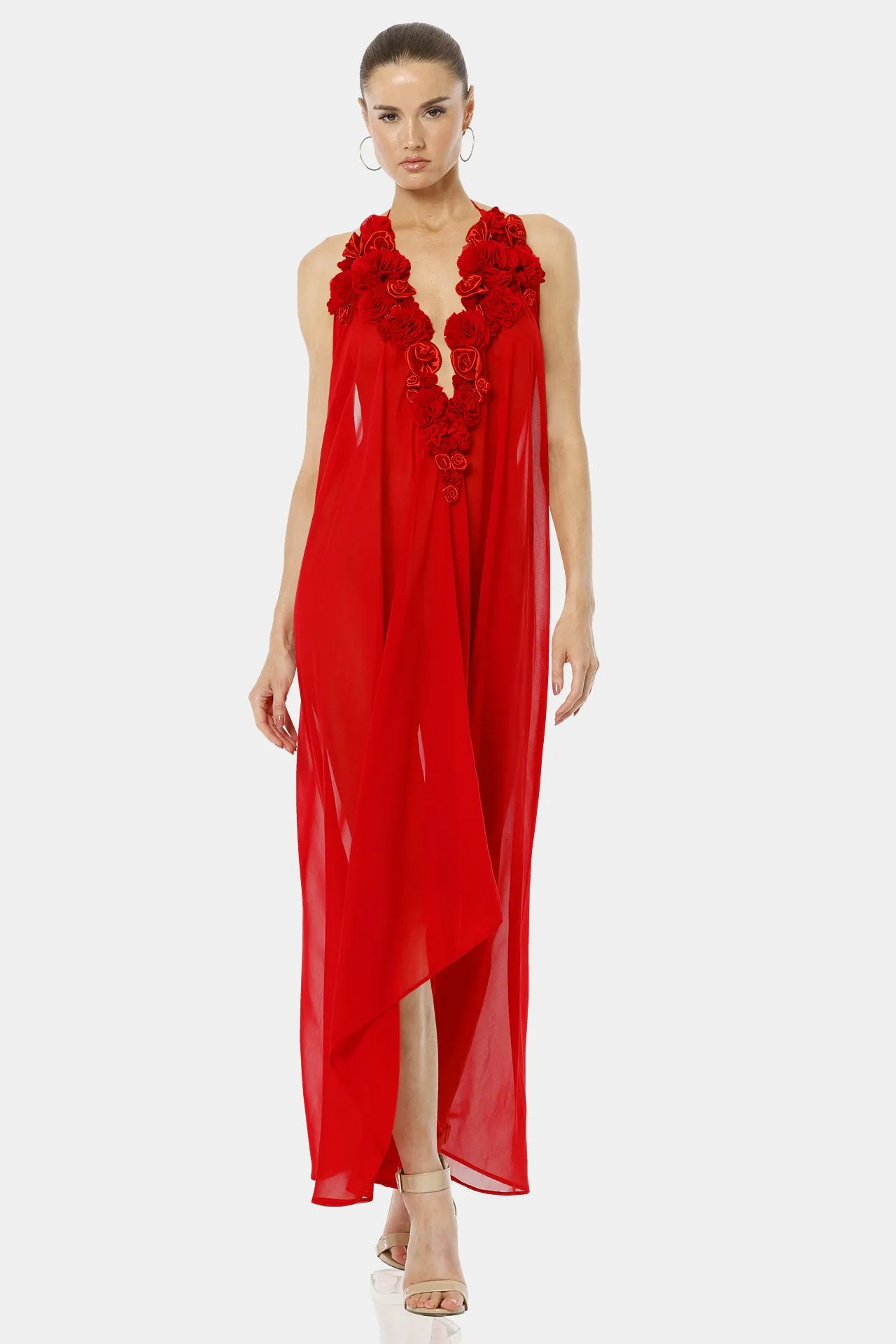 Red 3D Flower Maxi Party Dresses