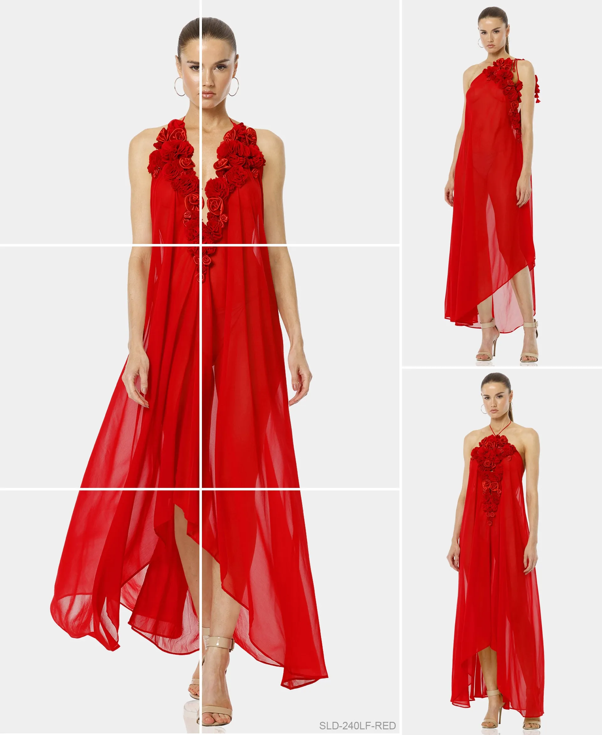 Red 3D Flower Maxi Party Dresses