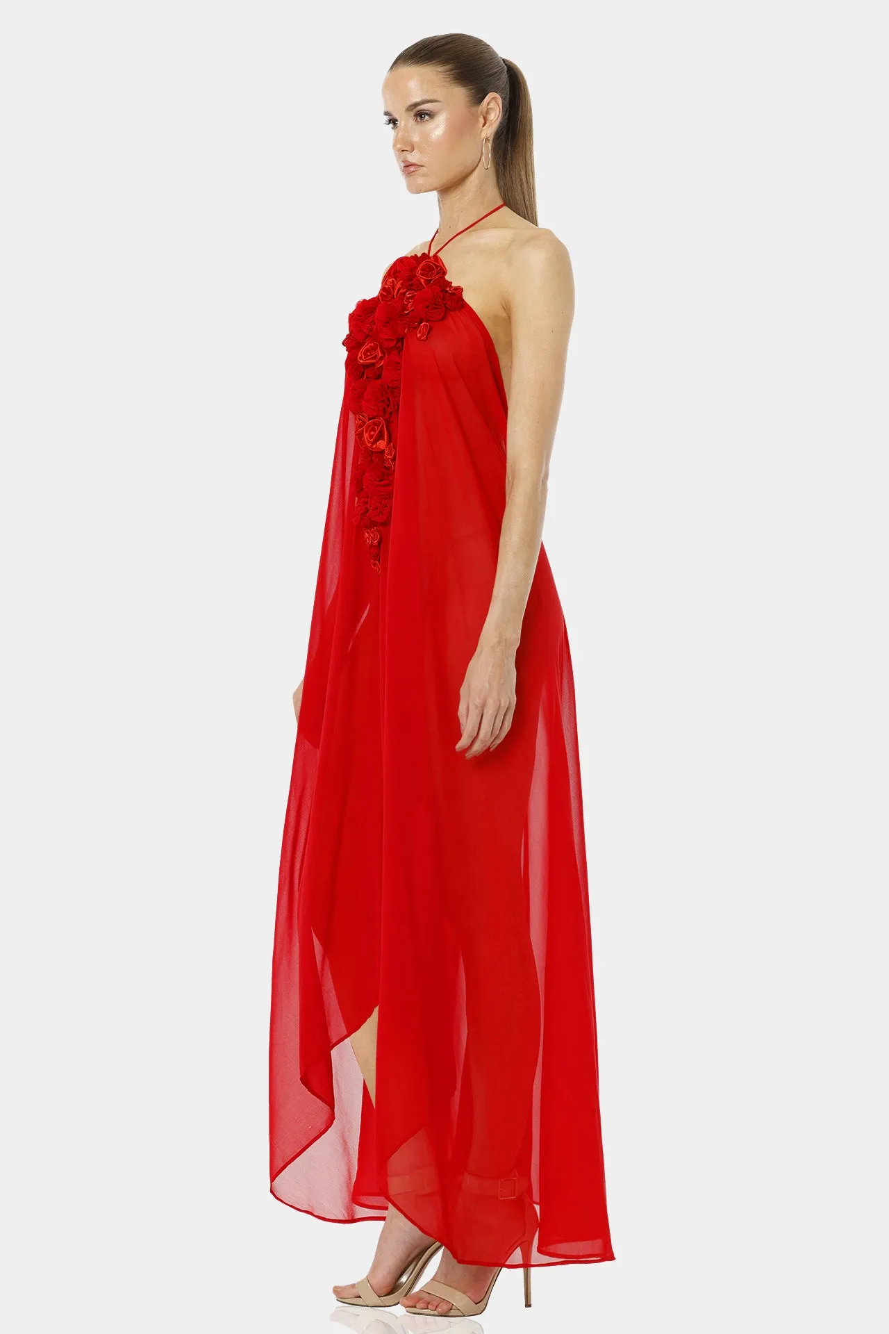 Red 3D Flower Maxi Party Dresses