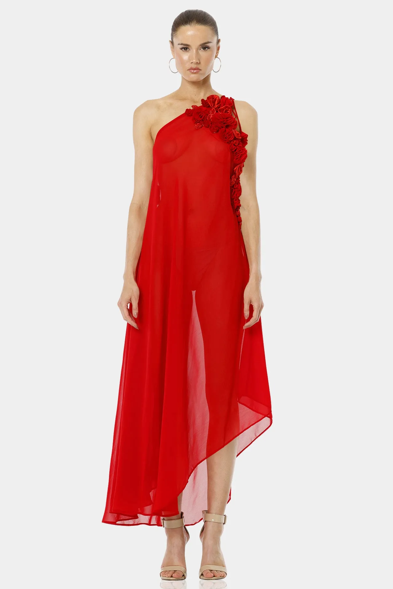 Red 3D Flower Maxi Party Dresses