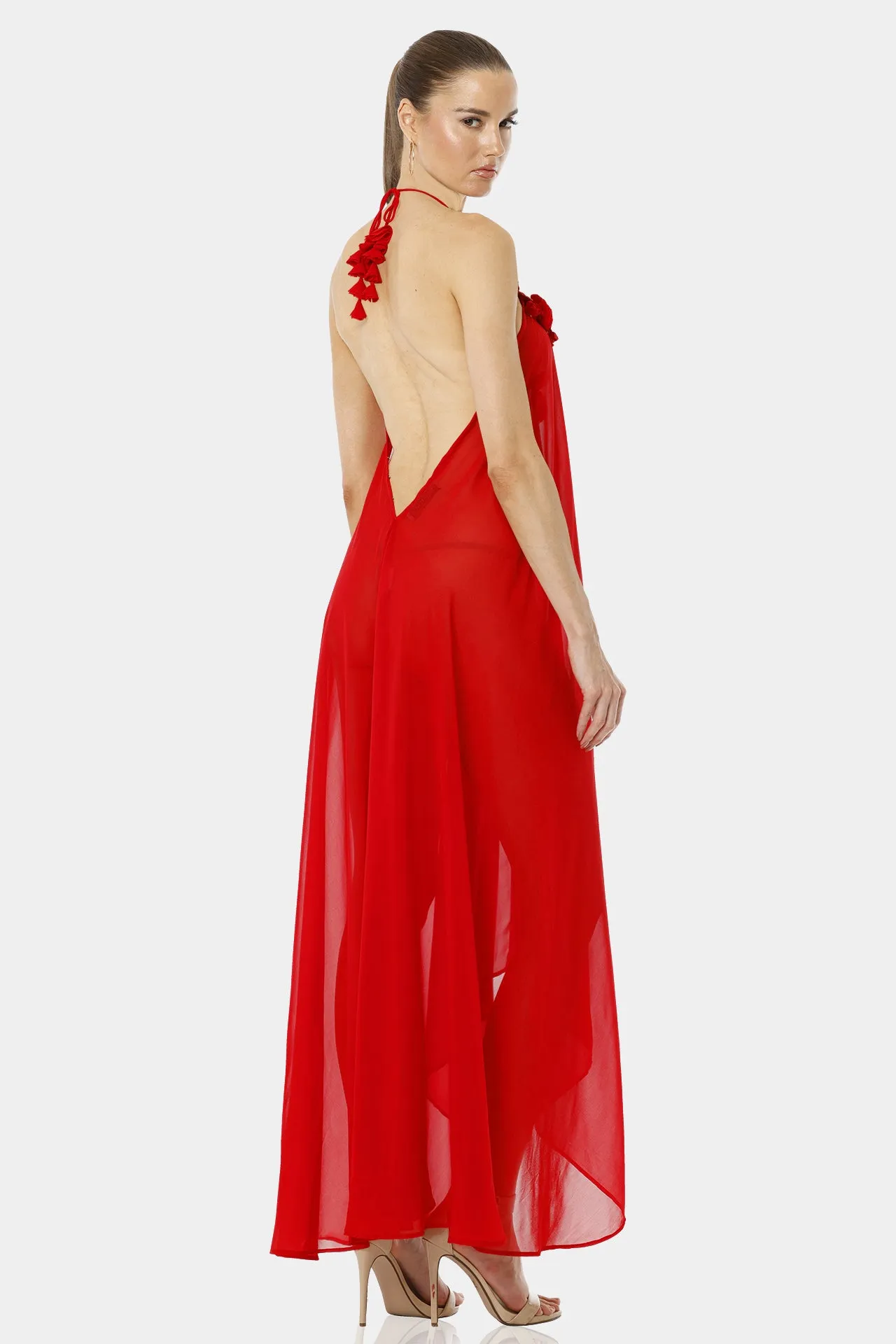 Red 3D Flower Maxi Party Dresses