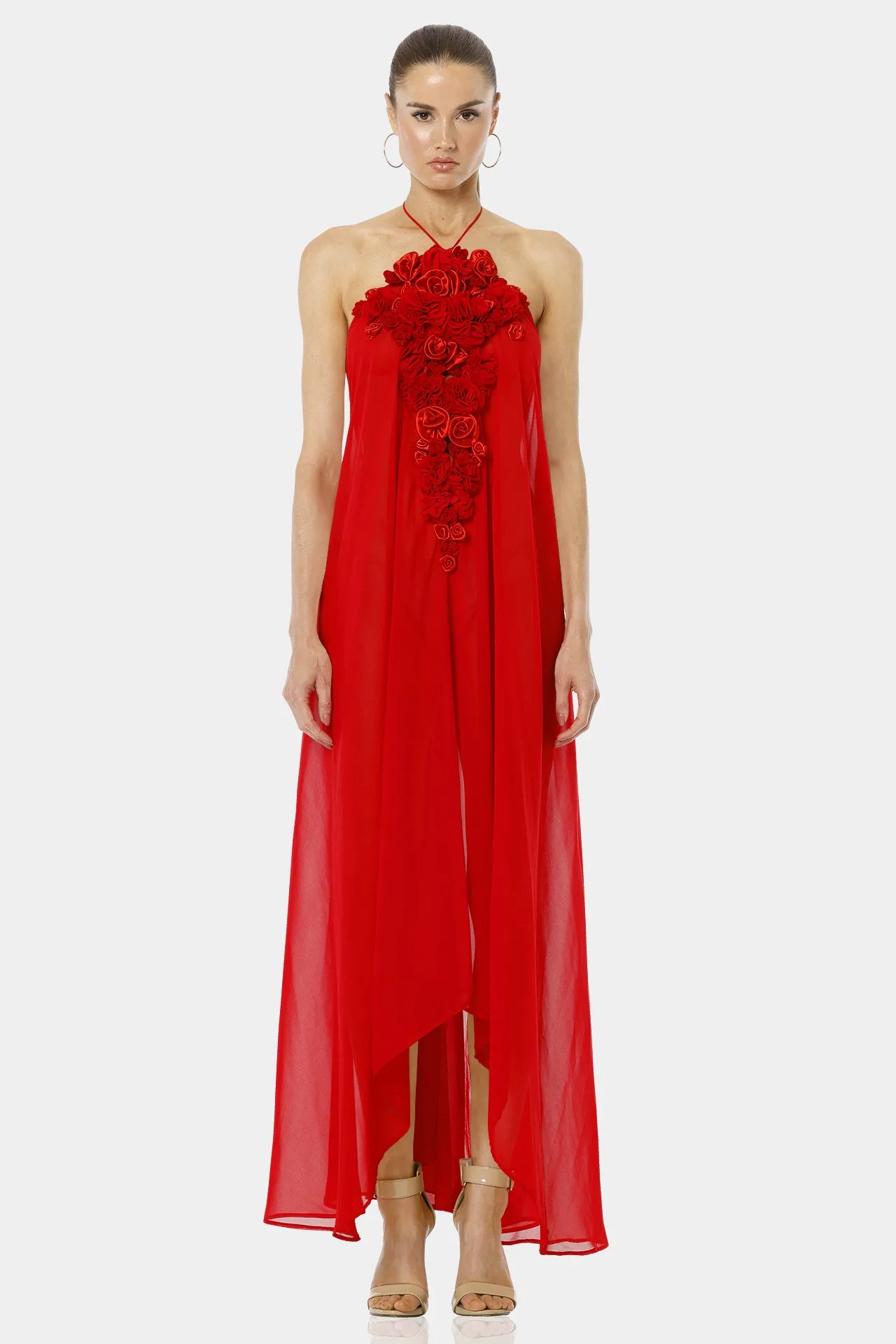 Red 3D Flower Maxi Party Dresses