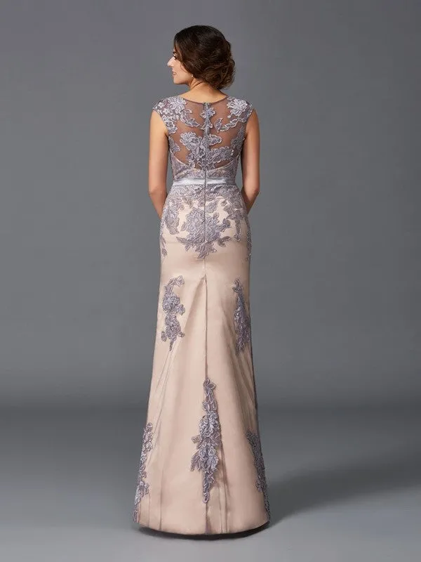 Sheath/Column Straps Applique Sleeveless Long Satin Dresses
