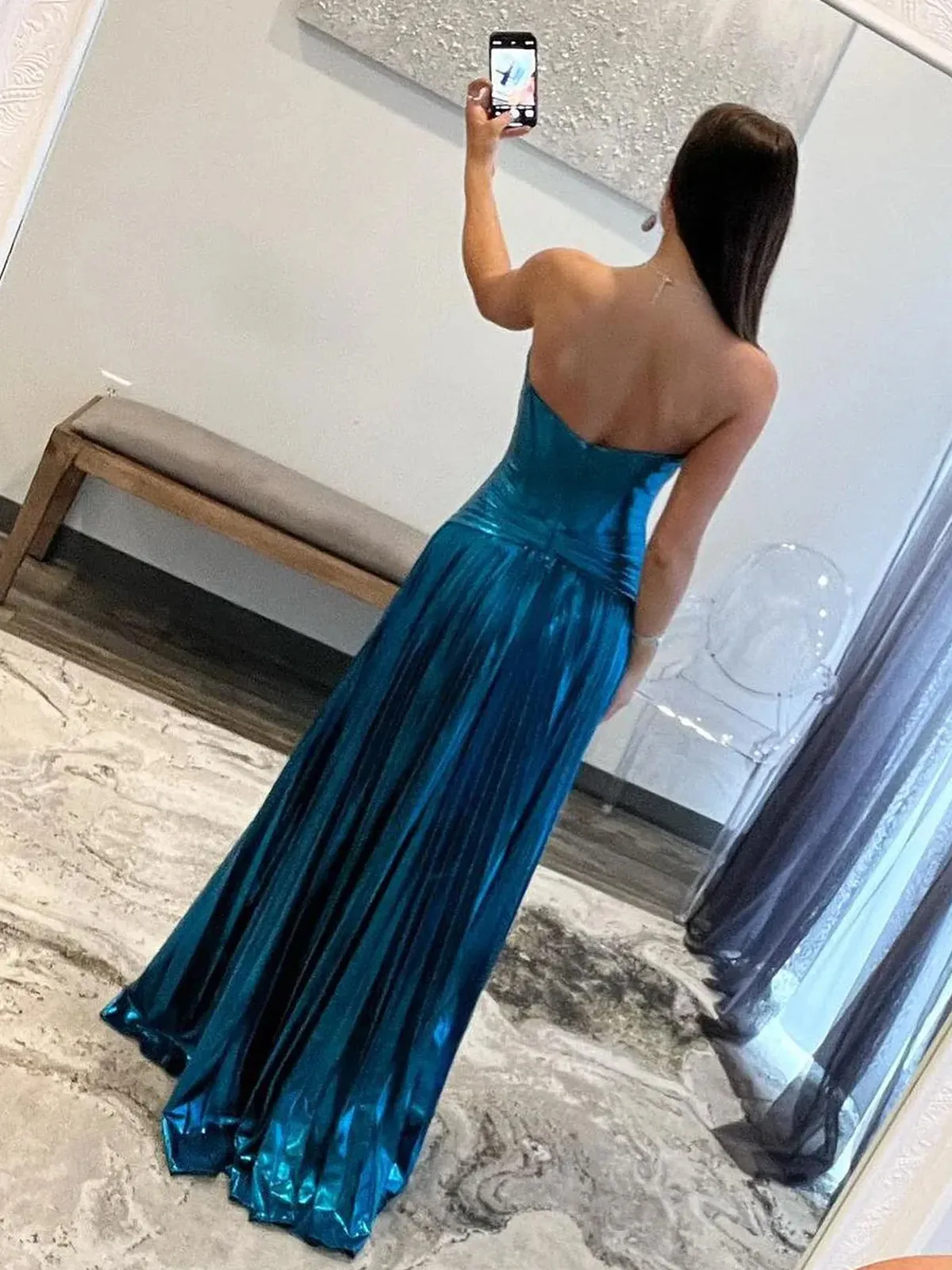 Sileas | Turquoise Sweetheart Metallic Pleated Long Formal Dress With Slit