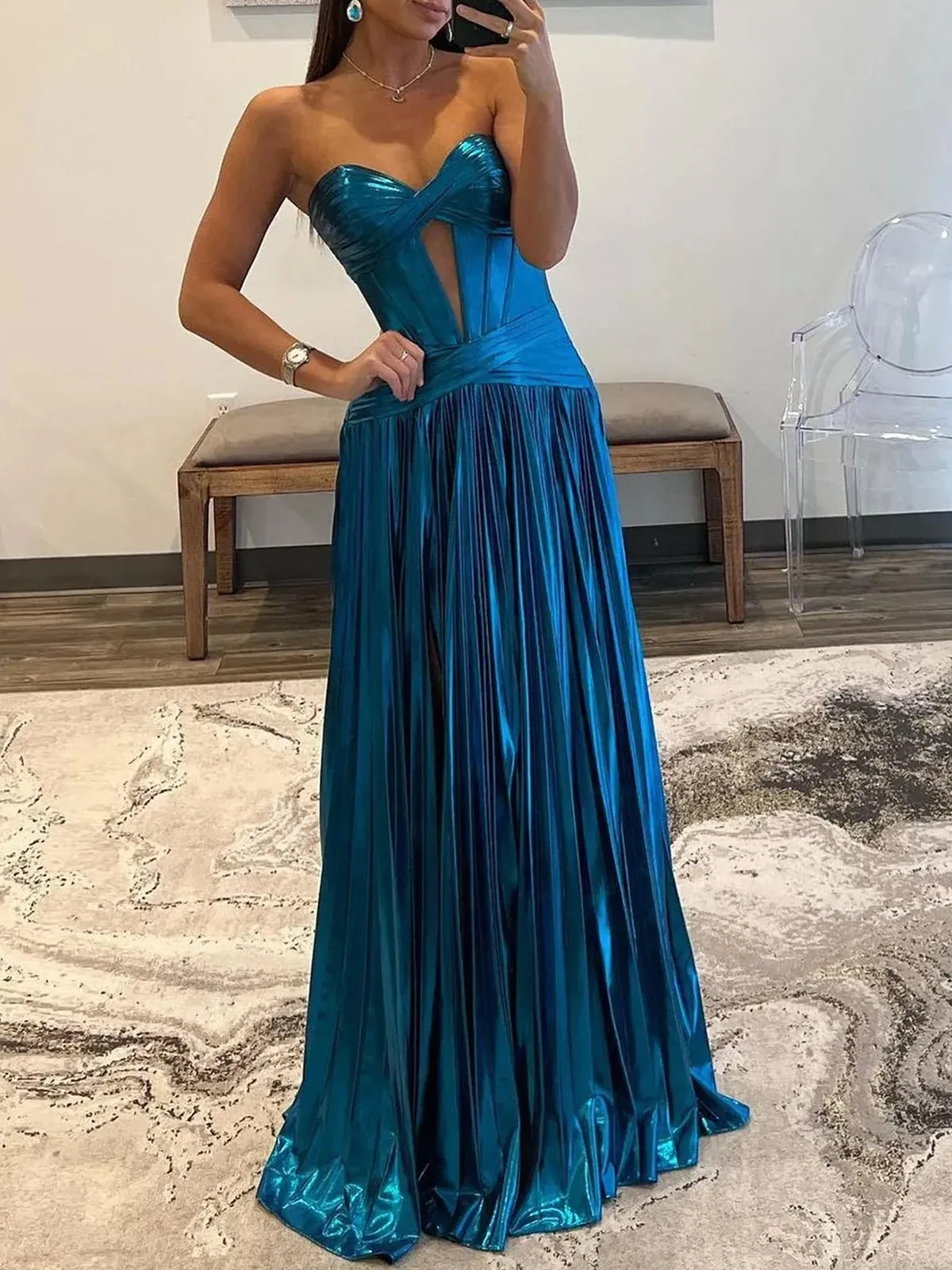 Sileas | Turquoise Sweetheart Metallic Pleated Long Formal Dress With Slit