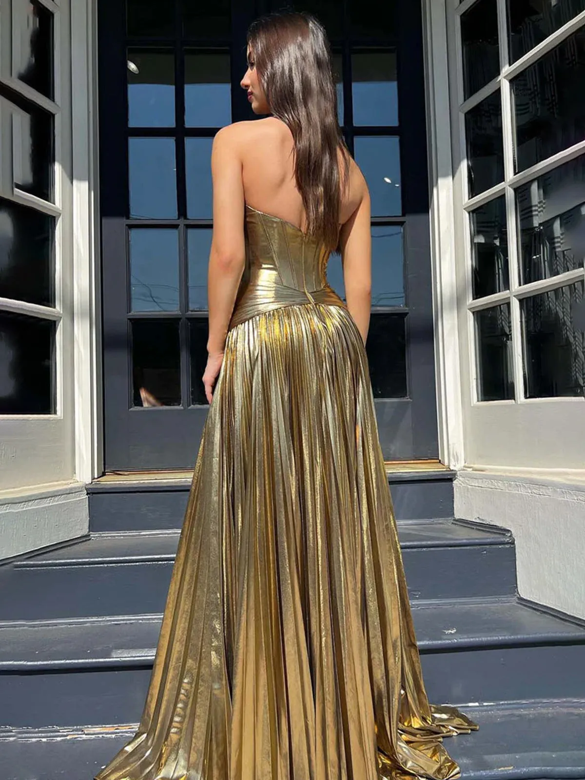 Sileas | Turquoise Sweetheart Metallic Pleated Long Formal Dress With Slit