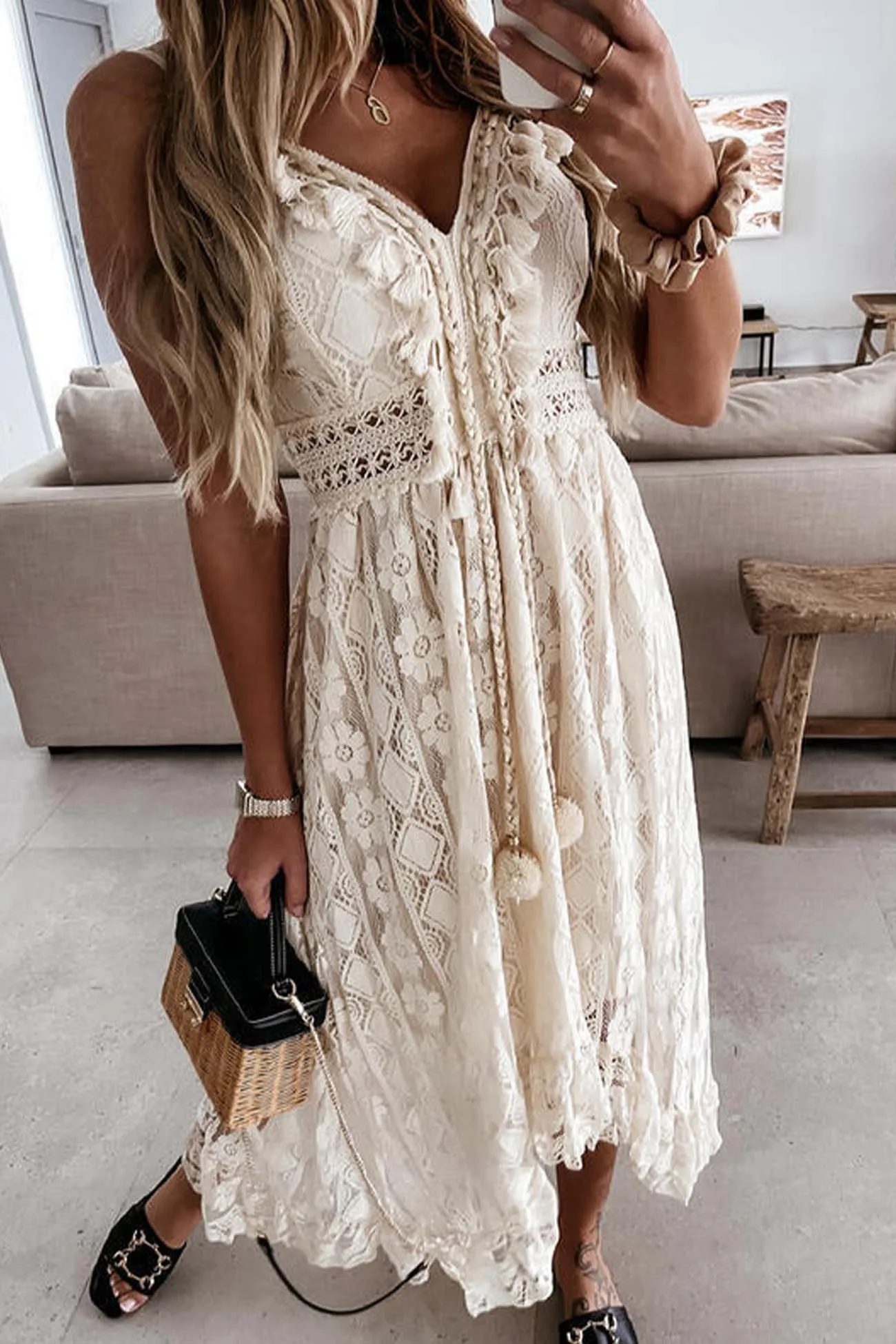Solid Color Lace V Neck Cutout Cami Dress