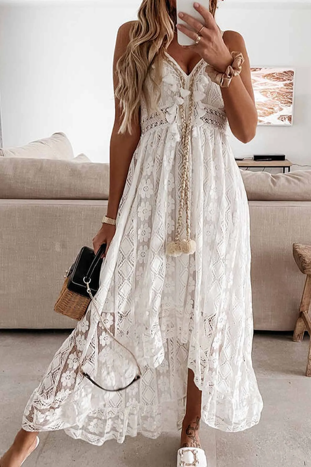Solid Color Lace V Neck Cutout Cami Dress